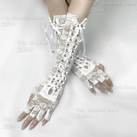 Japanese lolita lace long arm sleeve sweet cool girls lace-up mesh bandage white black arm warmers gloves SS69