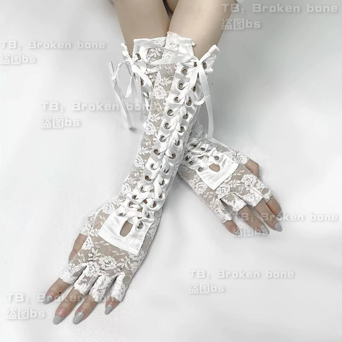 Japanese lolita lace long arm sleeve sweet cool girls lace-up mesh bandage white black arm warmers gloves SS69
