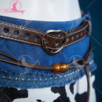 Mobbunny Women Cowgirl Tassel Suit Hippie Style Cosplay Costume Cow Denim Top and Skirt with Gloves Belt Halloween
