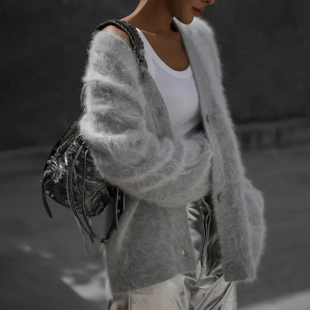 Women's V-Neck Cardigan Sweater Coat - Solid Knit, Single Breasted