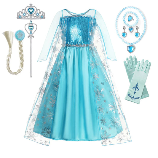 YOFEEL Girls Snow Queen Elsa Costume Mid-Calf Ball Gown for Party