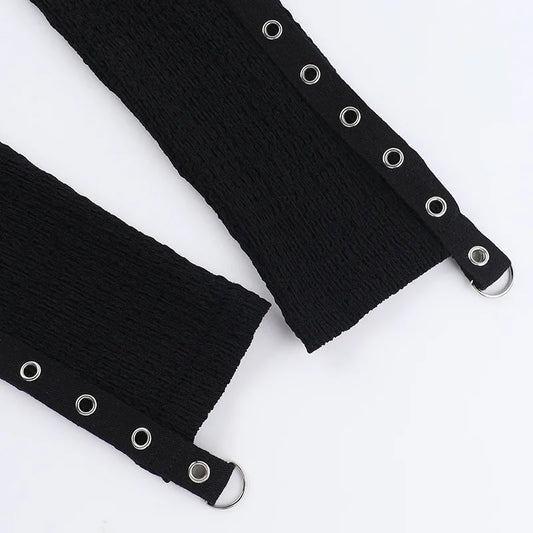 Goth Dark Punk Grunge Fishnet Patchwork Off Shoulder T-shirts Trim Corn Strap Halter Tops Autumn Mall Gothic Streetwear T-shirt