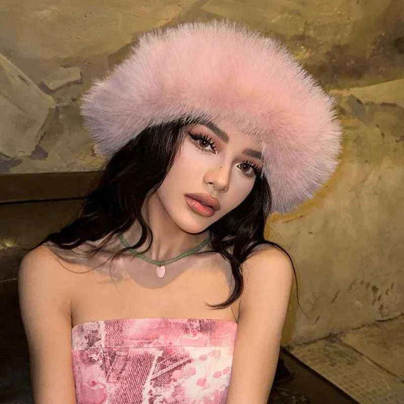2025 Fluffy Faux Fur Bucket Hats Women Rabbit Fur Warm Thick Plush Winter Hat Lady Fashion Luxury Panama Furry Fisherman Cap Y2k