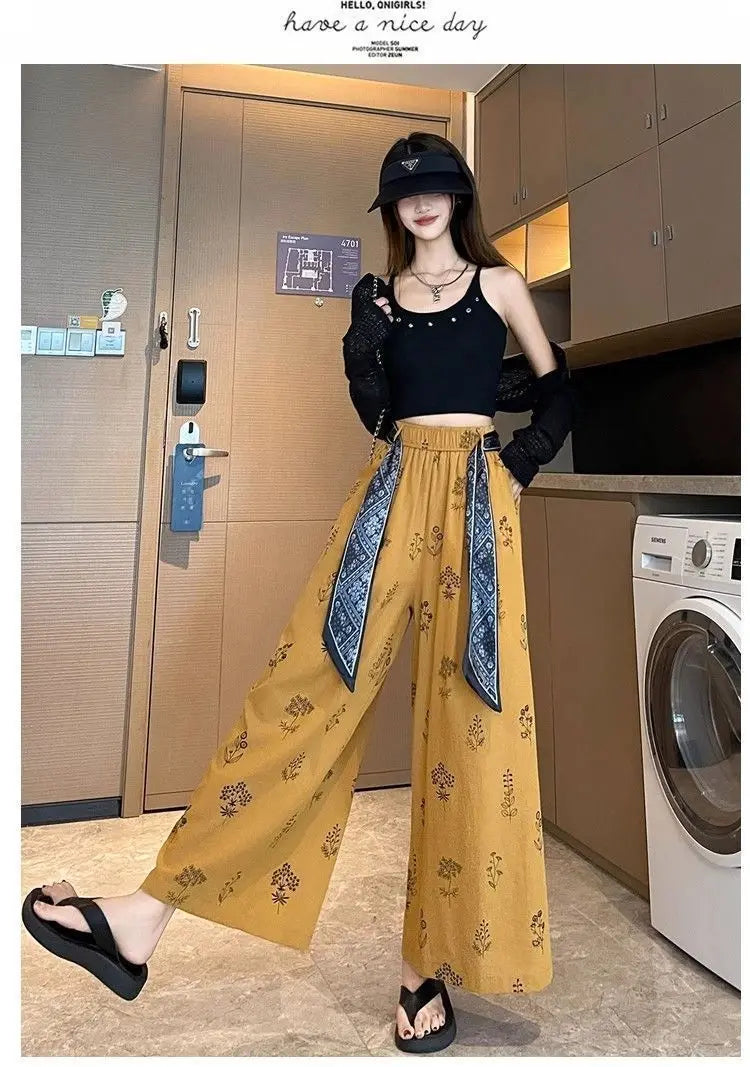 Women's Floral Print Wide Leg Pants - High Waist Casual Trousers