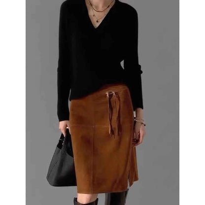 Retro Brown Genuine Kid Suede Real Leather Pencil Skirt Side Slit Soft Lambskin Midi Skirt with Knee Length Women