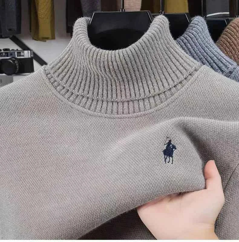 High end brand velvet sweater men's new fashion designer exquisite pony embroidery winter thick warm high neck knitted pullover