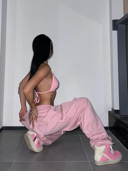 Y2K Pink Cargo Parachute Pants Oversize Hip Hop Jogging Sweatpants Egirl 90s Aesthetic Vintage Wide Leg Trousers Female SS69