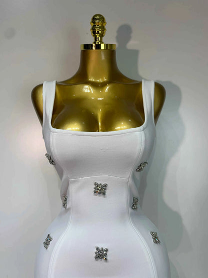 Women Sexy Square Collar Sparkly Rhinestone Bodycon Mini Bandage Dress Celebrate Evening Party Elegant Luxury Birthday Dress