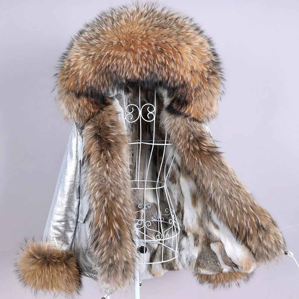 Maomaokong Winter Women Parka Cotton Jacket Real Fur Coat Natural Fox Fur Hooded Rabbit Fur Liner Thick Warm Outerwear Female