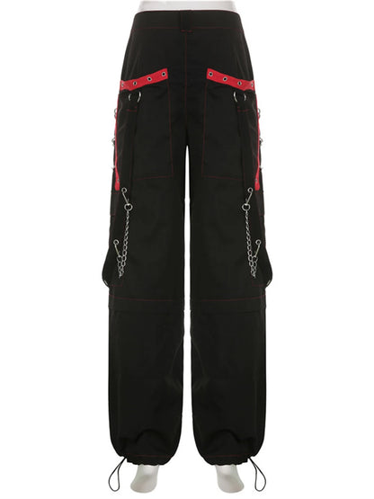 Cyber Punk Unisex Cargo Wide Leg Pants Chain Bandage Ruched Tie Capris Pants Women Gothic Baggy Trousers BF Hippie Grunge Jogger SS69