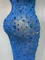 Luxury Rhinestones Sexy Mesh See Through Bodycon Dress Women Birthday Evening Cocktail party Gown Red Carpet Club Stage Outfit