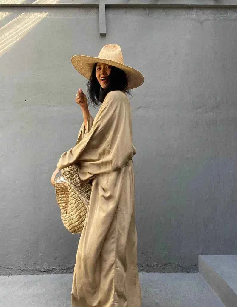Solid Beach Cover Up Women Self Belted Wrap Kimono Dress Swimsuit 2025 New Robe Summer Beachwear Factory Supply