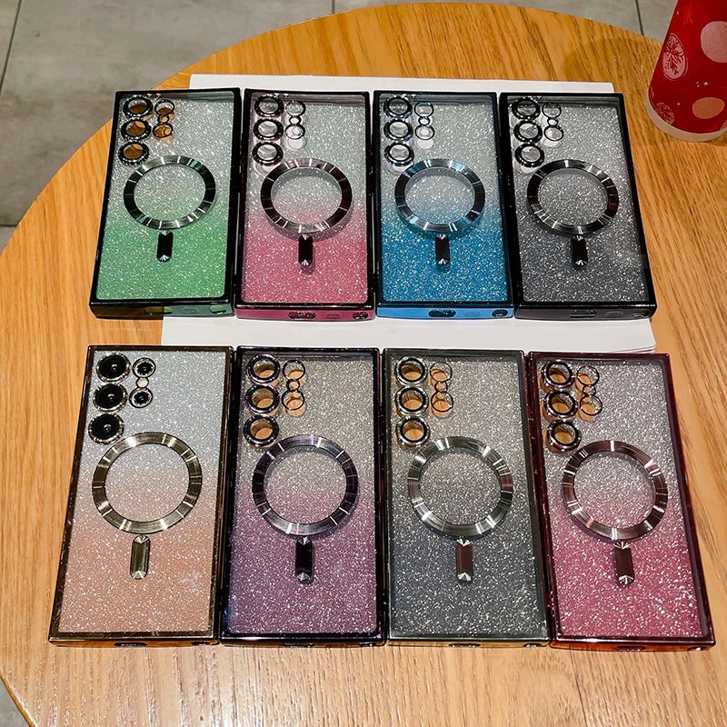 For Magsafe Plating Gradient Glitter Shockproof Phone Case For Samsung S25 S24 S23 S22 S21 S20 Ultra Plus FE Soft Bumper Cover SS69
