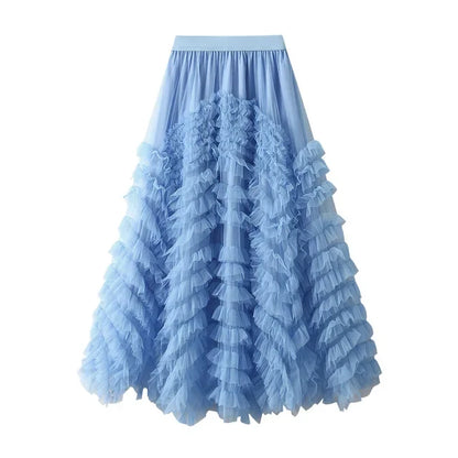 Fashionable Tiered Tulle Maxi Skirt for Women 2024 New Elegant High Street A Line High Waist Mesh Long Skirt Female Pink