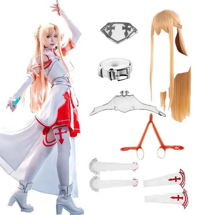 US Size Anime Women's Yuuki Asuna Cosplay White Sleeveless Skirt Outfit Halloween Costume