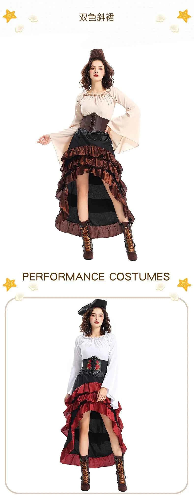Medieval - Style Pirate Queen Outfit for Halloween: Irregular Corset, Ruffled Long Dress, Perfect for Navigator Cosplay 2026