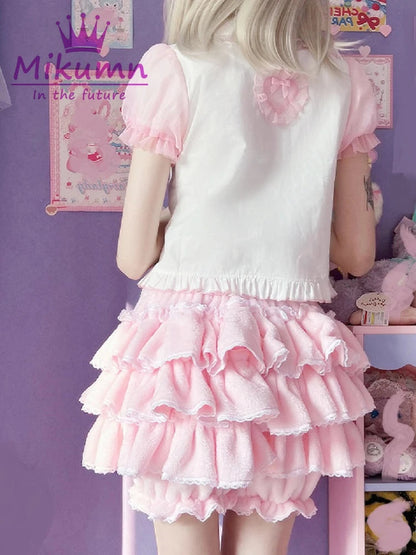 Harajuku Y2k Sweet Pink White Pumpkin Pants Lolita Autumn Winter JK Plush Shorts Japanese Kawaii Ruffles Lantern Shorts SS69