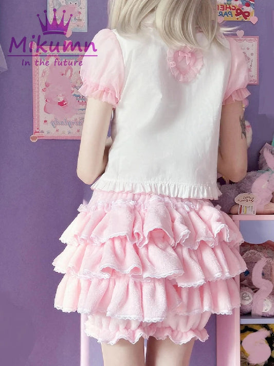Harajuku Y2k Sweet Pink White Pumpkin Pants Lolita Autumn Winter JK Plush Shorts Japanese Kawaii Ruffles Lantern Shorts SS69