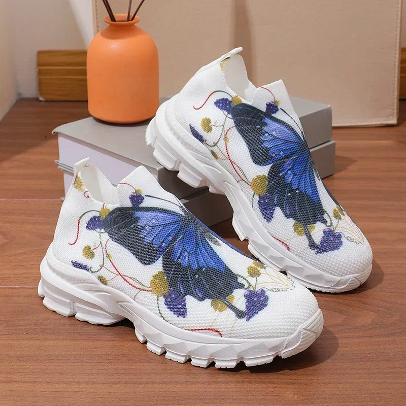 Fashion Butterfly Print Platform Sneakers for Women 2025 Autumn Non Slip Knitted Sports Shoes Woman Thick Sole Slip On Sneakers