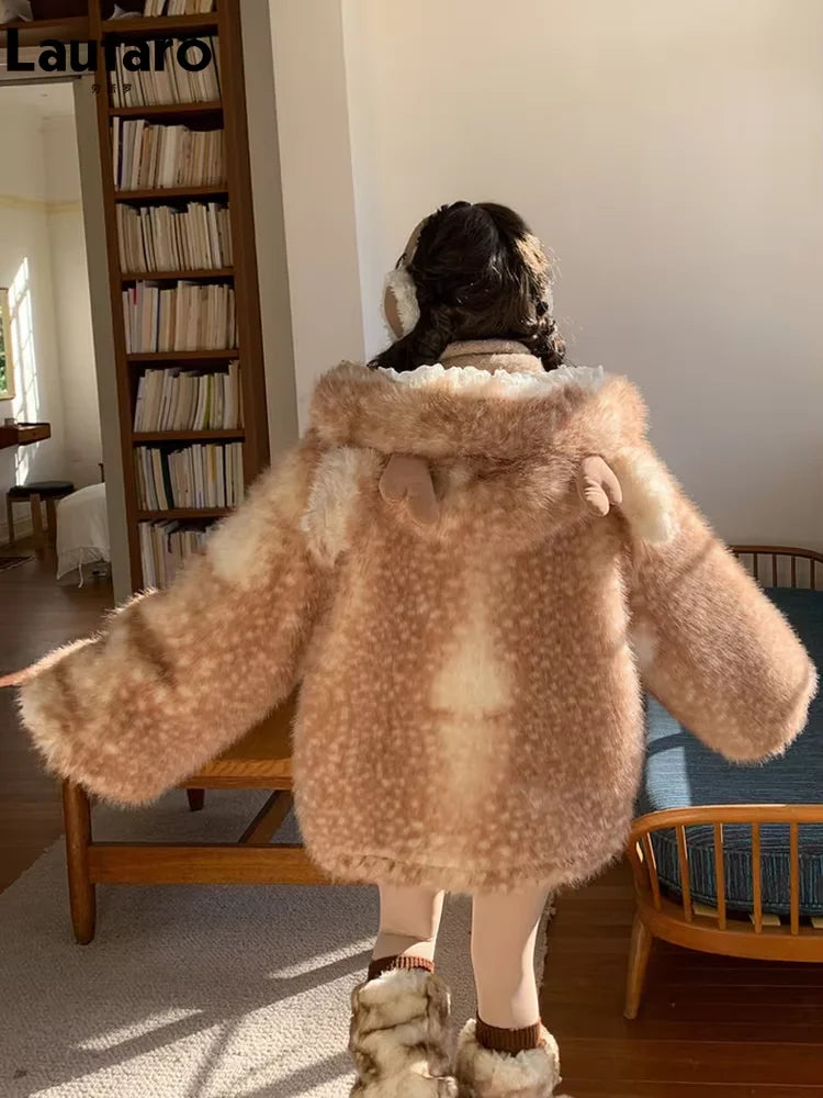 Lautaro Autumn Winter Thick Warm Sweet Cute Lace Patchwork Faux Fur Coat Hoodie Women with Deer Ears Horn Buttons Fluffy Jacket