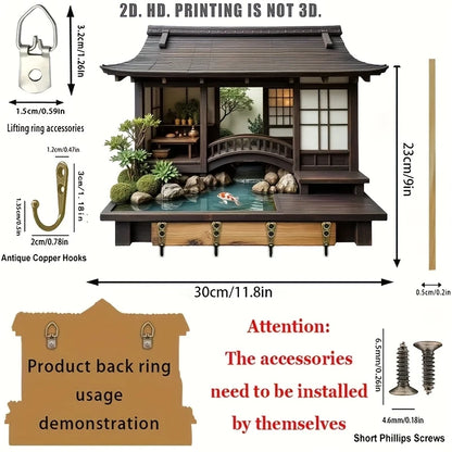 SS69 2D Retro Japanese-Style Wooden Key Holder with 4 Bronze Hooks