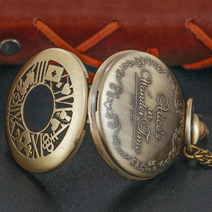 Bronze Fairy Tale Alice Poker Rabbit Hollow Characteristic Quartz Pocket Watch Retro Men's and Women's Necklace Pendant Gift SS69
