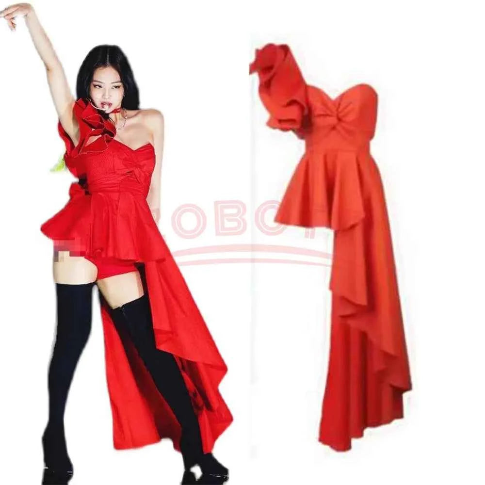 K-pop Jennie Stage Cosplay Outfit Women Red Dress Concert Outfits Festival Women Clothing Secy Performance Costume Dropshipping