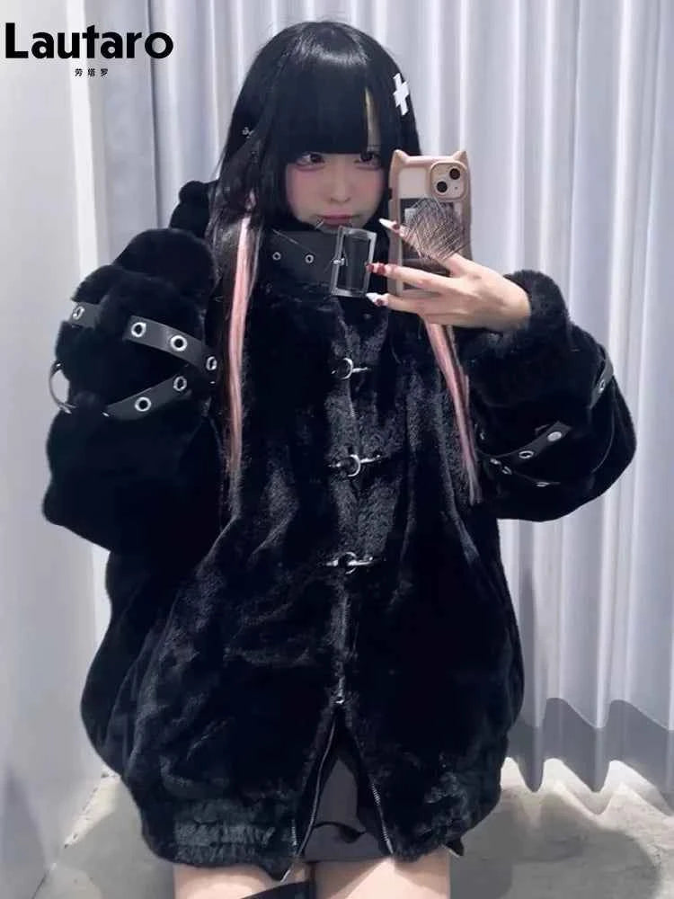 Lautaro Autumn Winter Thick Warm Faux Fur Coat Women with Hood Zipper Luxury Japanese Style Punk Harajuku Fluffy Jacket 2026