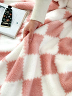 Pink White Plaid Coral Fleece Blanket for Sofa & Travel
