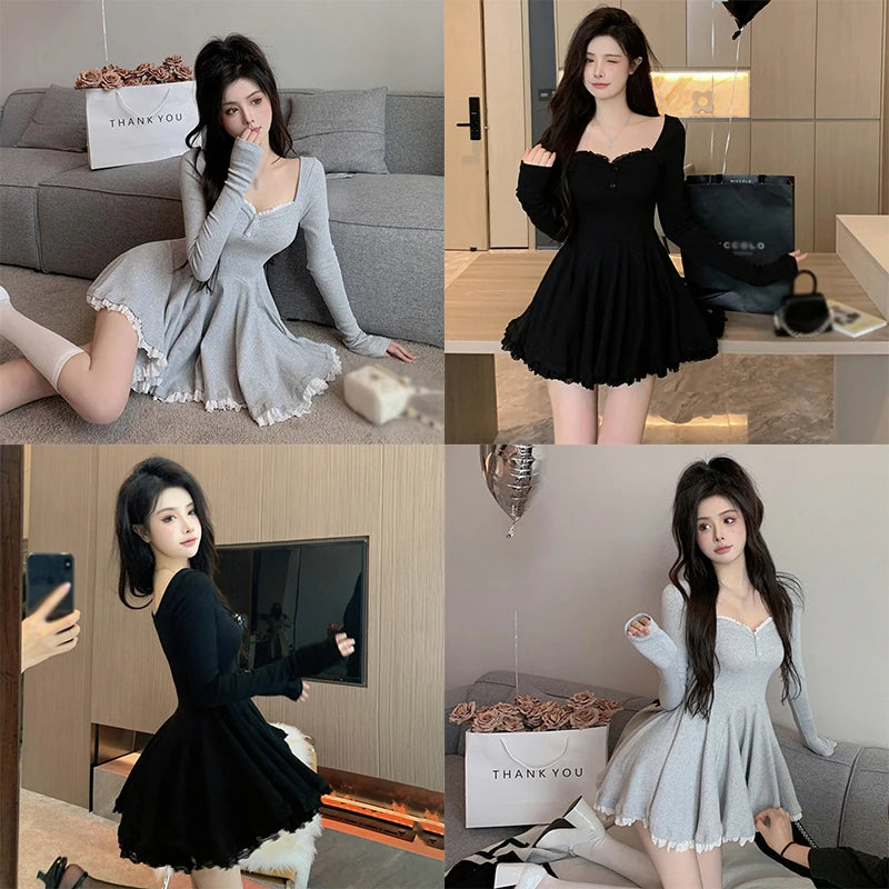 Women Sexy Korean Dress French Style Waist Closed Long Sleeve Collarbone Exposed Sweet SS69
