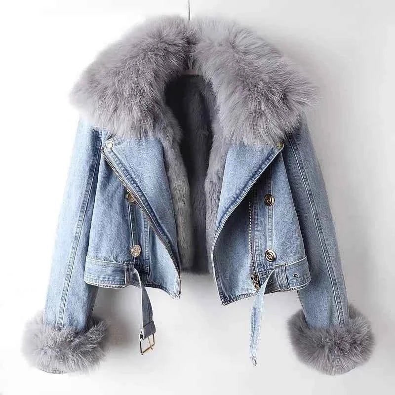 2026 New Women Faux Fox Fur Collar Jean Coat Winter Jacket Female Short Warm Parkas Rabbit Hair Lining Outwear Fashion Overcoat