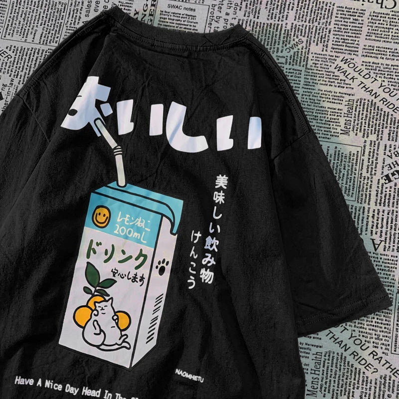 Cute Japanese Cat Print Oversized T-shirt Women Men Short Sleeve Loose Casual Tee Shirt Streetwear Tops Cotton Harajuku Clothing SS69