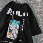Cute Japanese Cat Print Oversized T-shirt Women Men Short Sleeve Loose Casual Tee Shirt Streetwear Tops Cotton Harajuku Clothing SS69