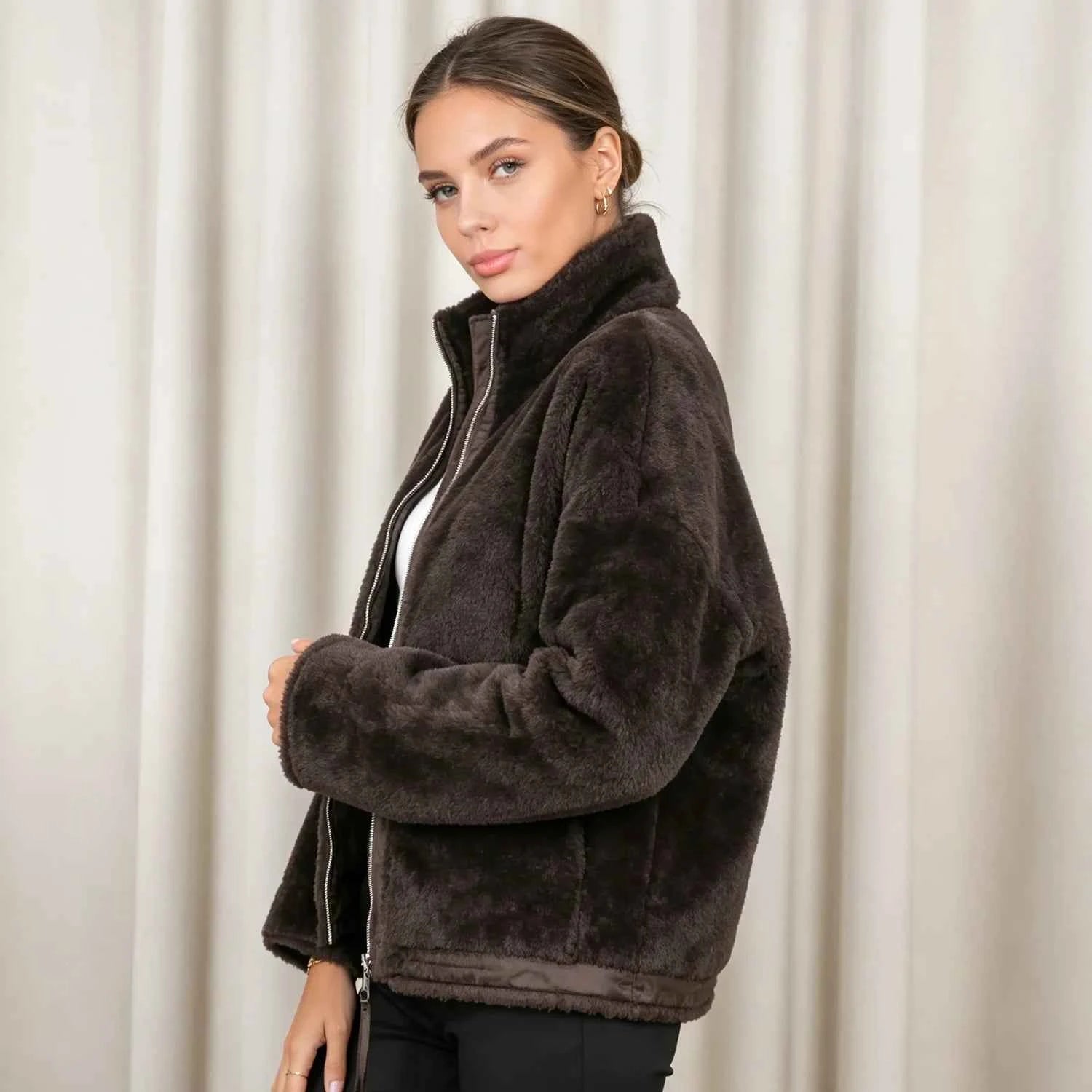 PUAL  2026 new fuzzy fleece zip up jacket, high collar, big pockets, warm casual short outerwear, cozy winter women plush coat