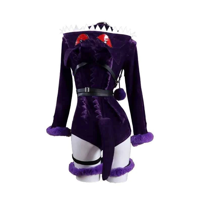 Anime Gengar Cosplay Costume Women Sexy Purple Ghost Romper Bodysuit Plush Hooded and Socks with Belt and Tail Halloween suit