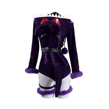 Anime Gengar Cosplay Costume Women Sexy Purple Ghost Romper Bodysuit Plush Hooded and Socks with Belt and Tail Halloween suit