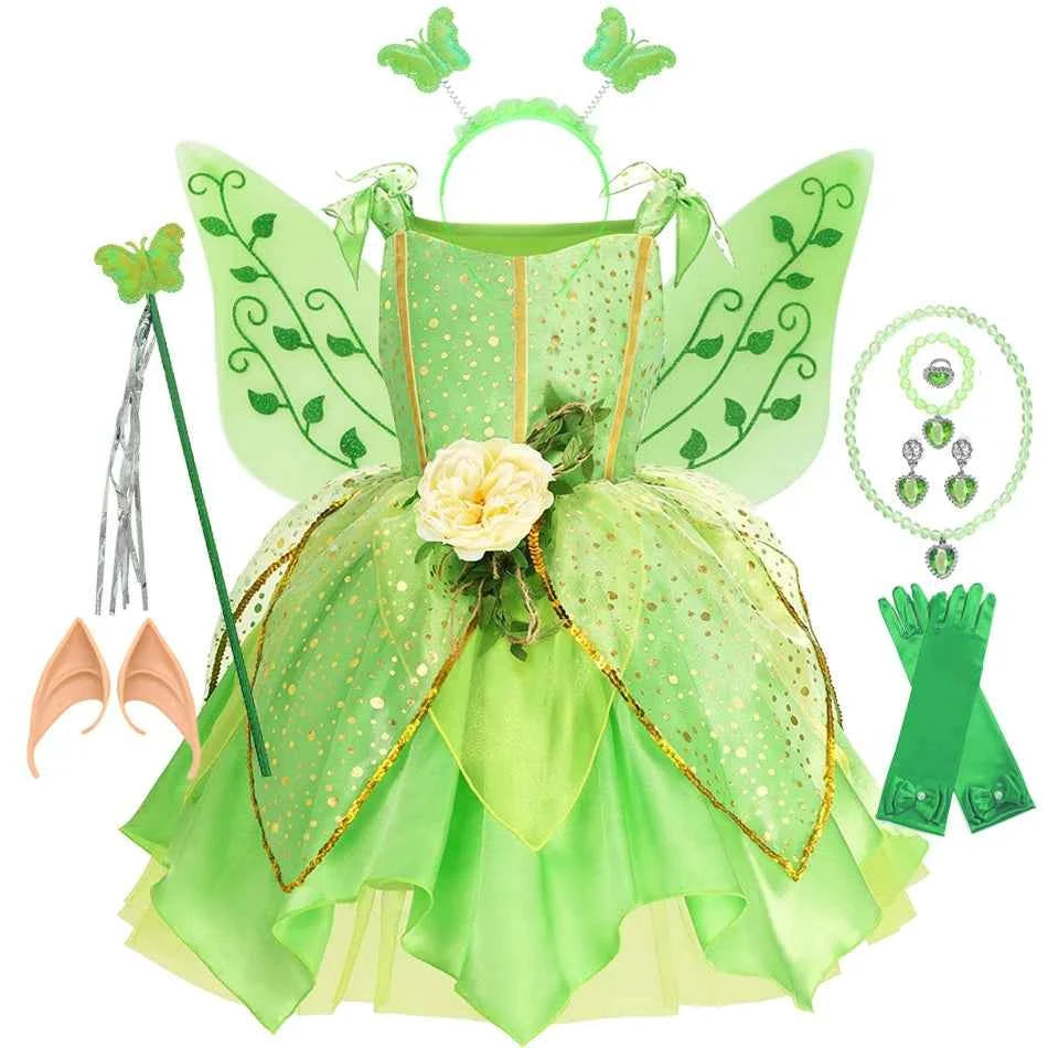 Summer Girls Tinkerbell Fairy Dresses Up for Girls Costume Kids Cosplay Flower Fairy Princess Clothes Christmas Party Outfit
