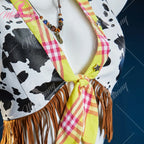 Mobbunny Women Cowgirl Tassel Suit Hippie Style Cosplay Costume Cow Denim Top and Skirt with Gloves Belt Halloween