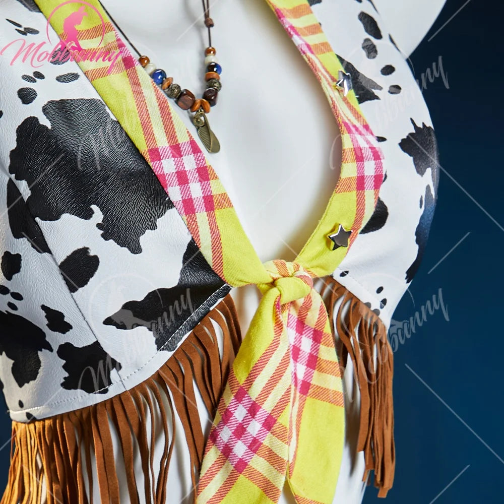 Mobbunny Women Cowgirl Tassel Suit Hippie Style Cosplay Costume Cow Denim Top and Skirt with Gloves Belt Halloween