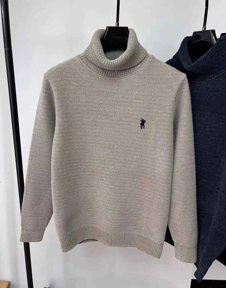 High end brand velvet sweater men's new fashion designer exquisite pony embroidery winter thick warm high neck knitted pullover