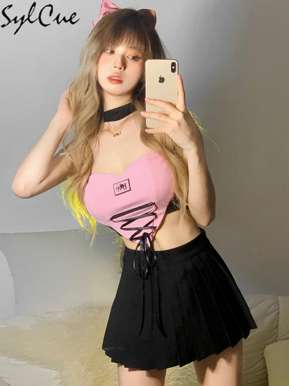 Sylcue Stitching Pink Sexy Hanging Neck Elastic Outer Wear Mature Charm Hot High Street Royal Sister Women's Vest Short Top SS69