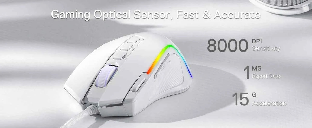 Redragon M612 Predator RGB Gaming Mouse 8000 DPI Wired Optical with 11 Programmable Buttons, White