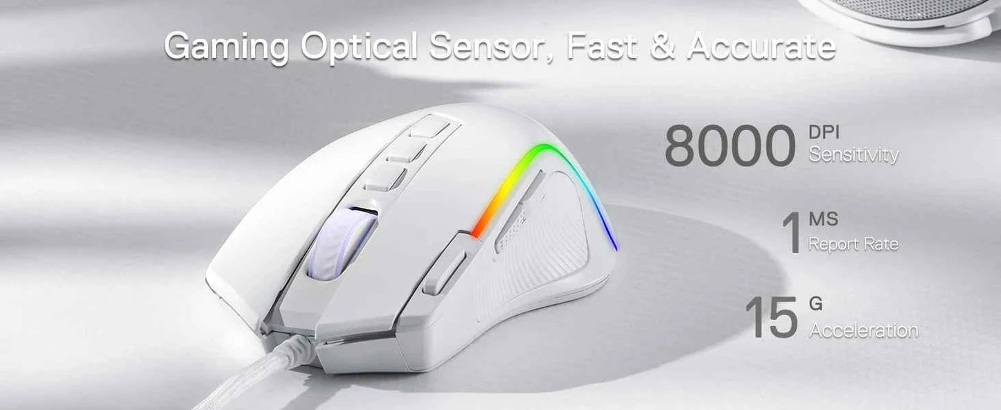 Redragon M612 Predator RGB Gaming Mouse 8000 DPI Wired Optical with 11 Programmable Buttons, White