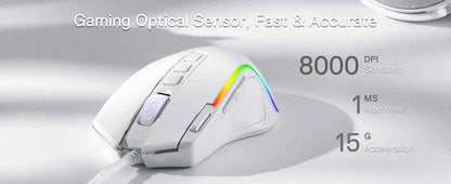 Redragon M612 Predator RGB Gaming Mouse 8000 DPI Wired Optical with 11 Programmable Buttons, White