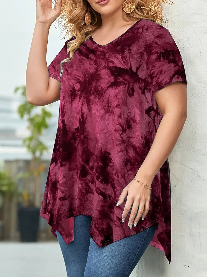 5XL Plus Size Woman Clothing Tie Dye Short Sleeve T-shirt Casual New Style V Neck Irregularity Tops Big Size Ladies Loose Tops - SS69 