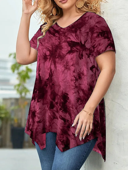 5XL Plus Size Woman Clothing Tie Dye Short Sleeve T-shirt Casual New Style V Neck Irregularity Tops Big Size Ladies Loose Tops - SS69 