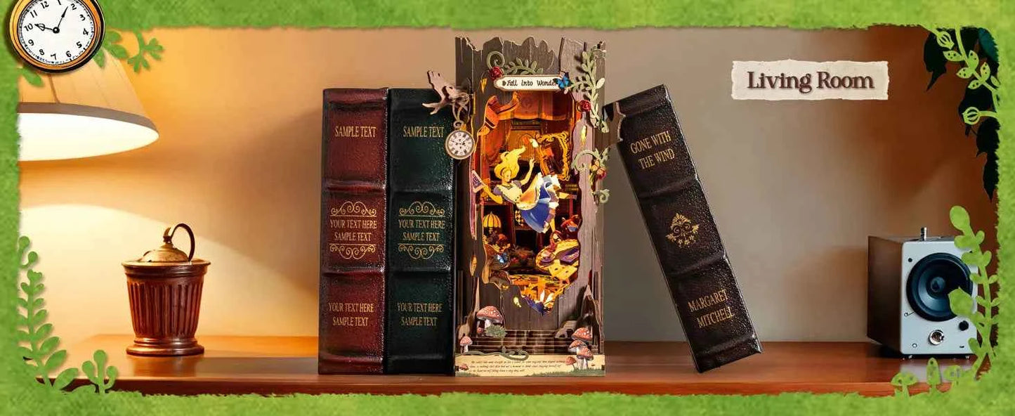 Robotime Rolife Book Nook Kits Fall into Wonder DIY Booknook with Lights Miniature House Kit 3D Wooden Puzzle Bookshelf Gift TGB