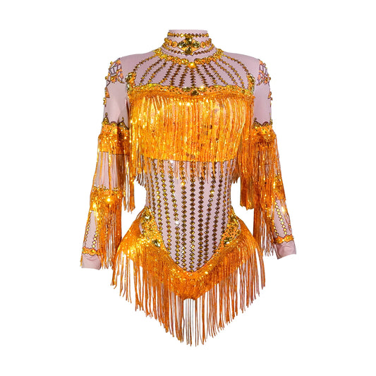 SS69 Women's Rhinestone Tassel Bodysuit Cotton Blend Stage Dance Leotard