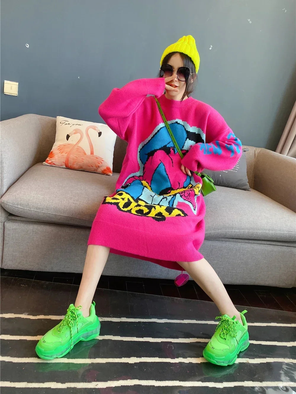 Korean Long-Sleeved Pullover Sweater Loose Fashion Women Autumn Winter Cartoon Embroidered Thickened Long Section Knitted Top SS69