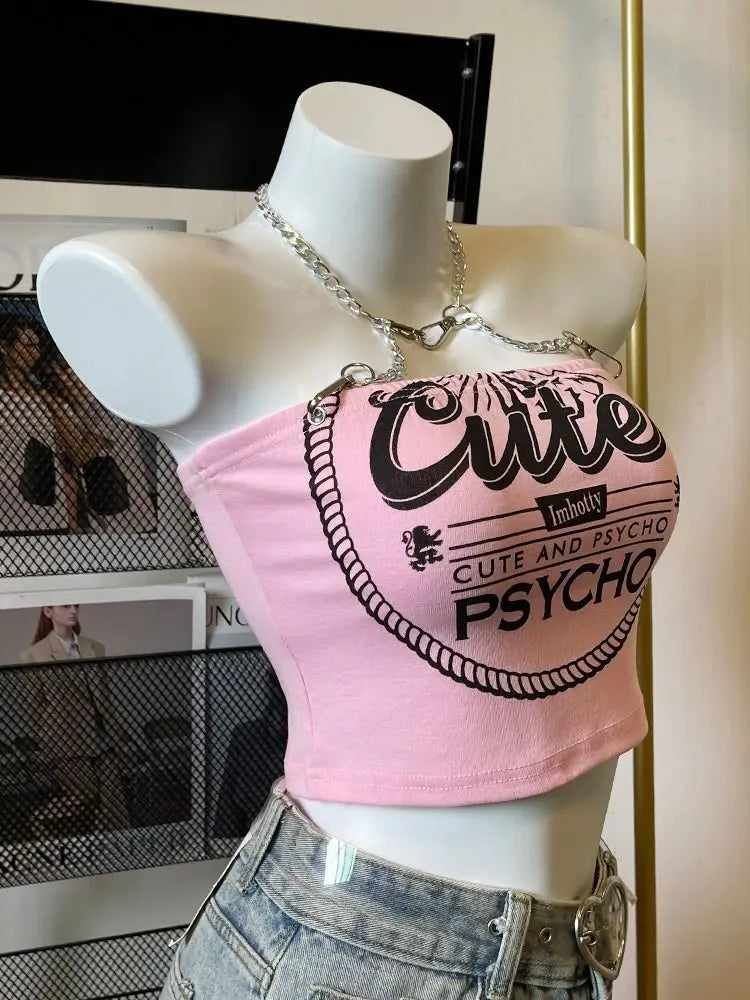 Crop Tops Fashion Summer Tanks Women Clothing Sweet Pink Letter Backless Tunic Camis Harajuku Chain Sexy Y2k Vest Ropa Mujer SS69